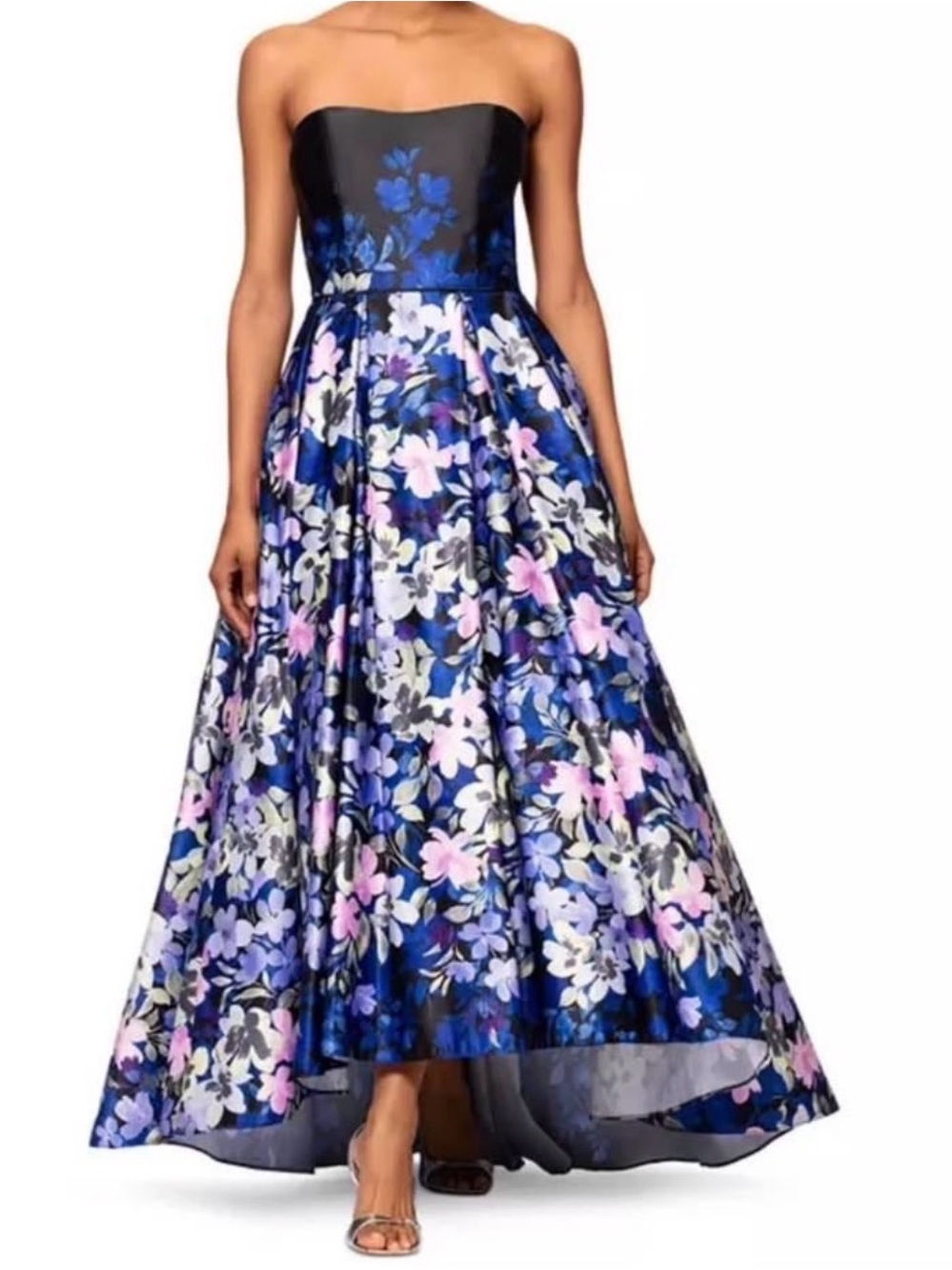 New with Tags Size 6 Strapless Floral Ball Gown Dress in Black and Blue Floral